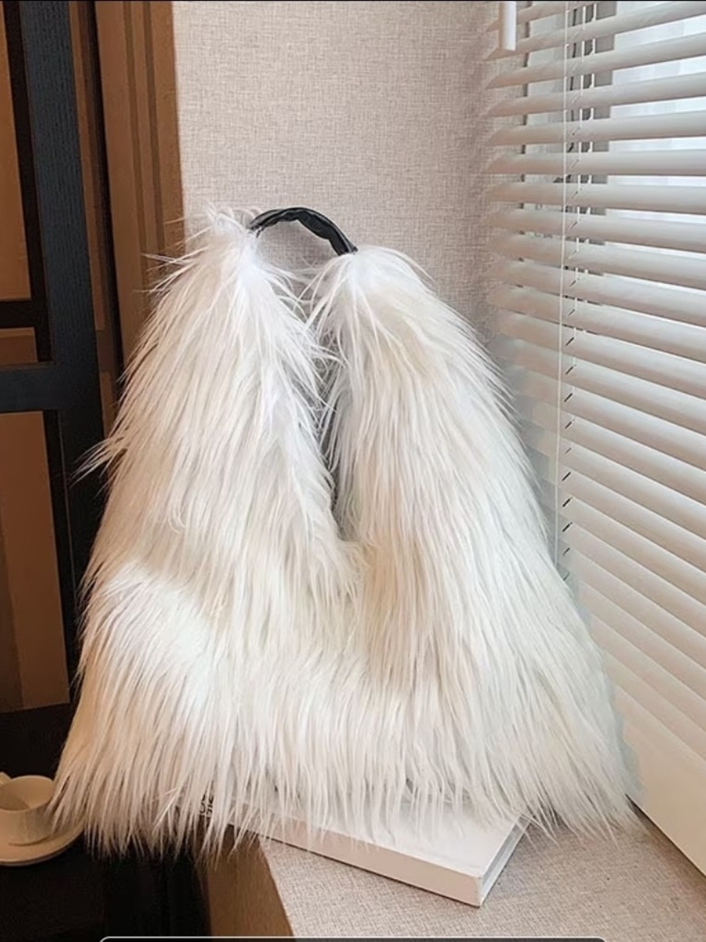 White Faux Fur Shoulder Bag with Top Handle